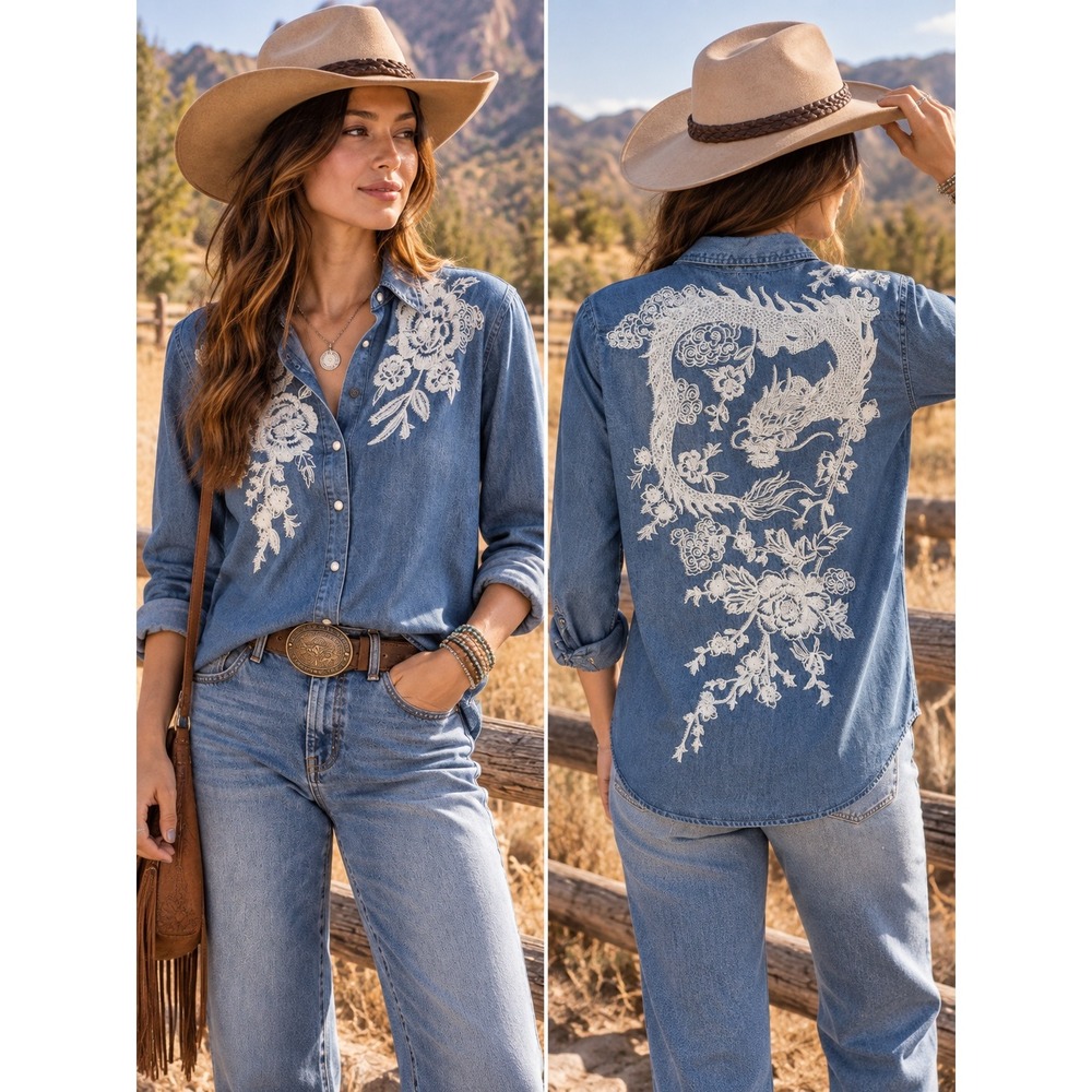Johnny Was Workshop Embroidered Chambray Shirt Floral Dragon W17123-E XS